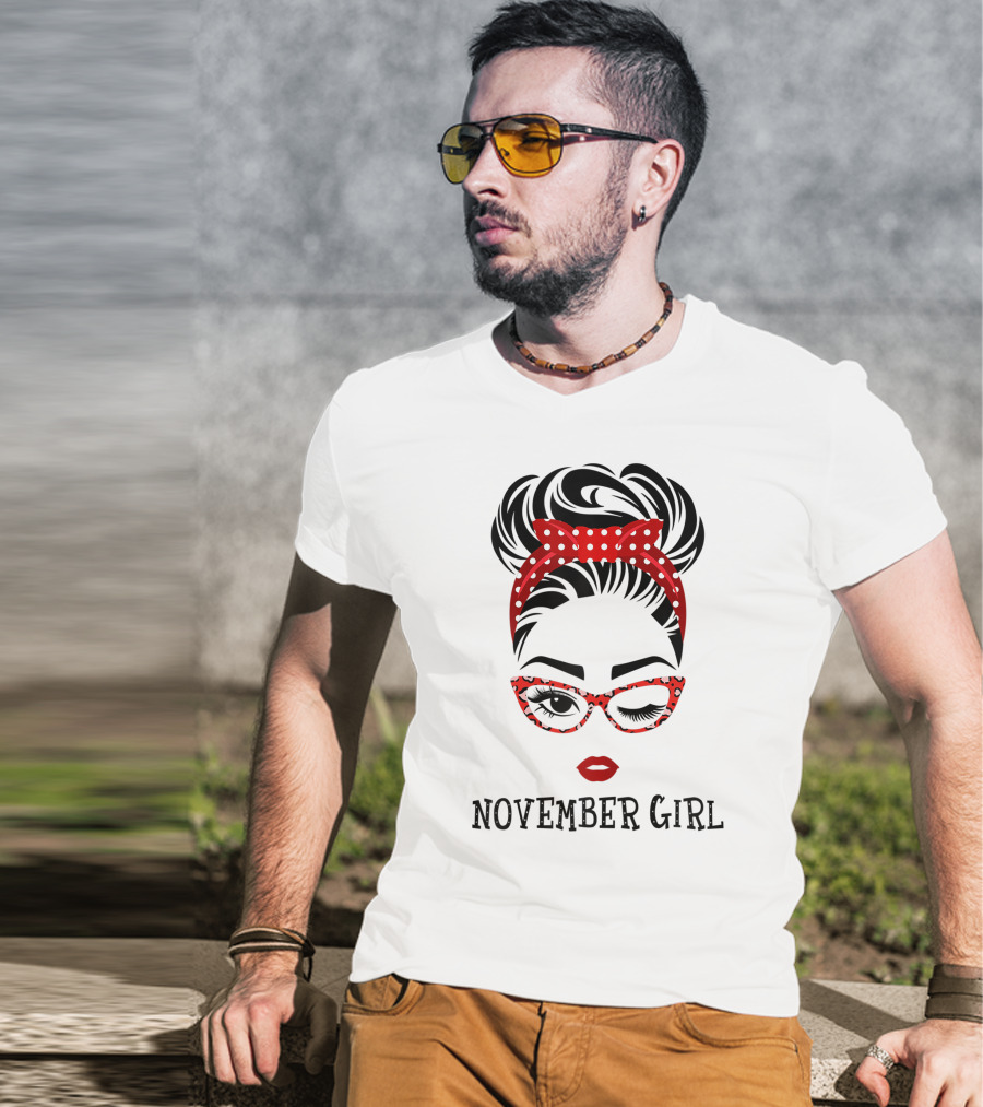 November Girl Wink Eye Woman Face Wink Eyes Lady Birthday Red Polka Dot Glasses T-Shirt