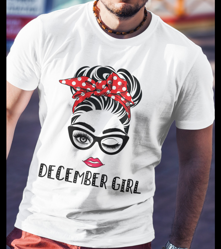 December Girl Woman Face Wink Eyes Lady Face Birthday Red Polka Dot Headband T-Shirt