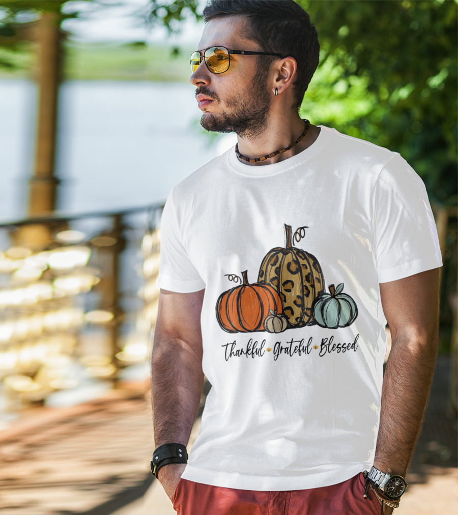 Thankful Grateful Blessed Leopard Print Pumpkin Thanksgiving Day T-Shirt