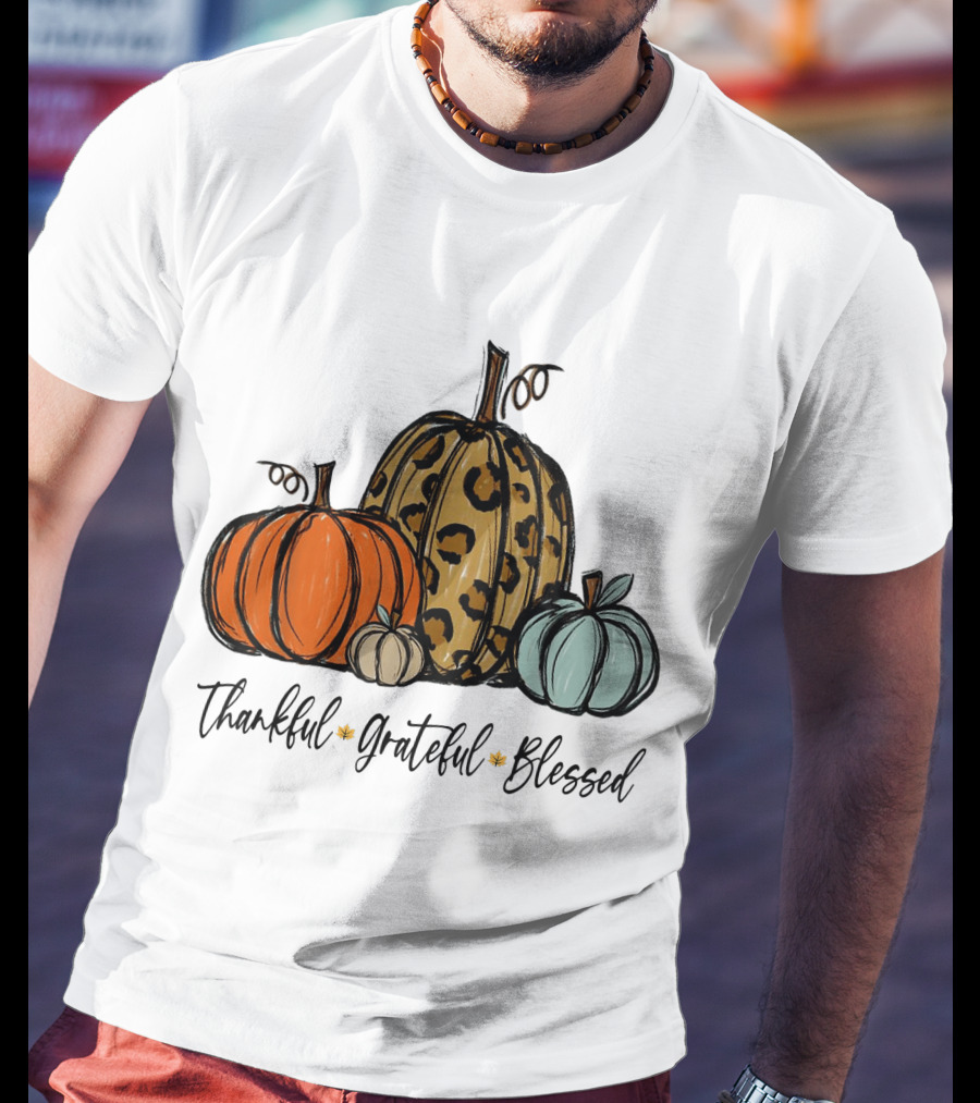 Thankful Grateful Blessed Leopard Print Pumpkin Thanksgiving Day T-Shirt