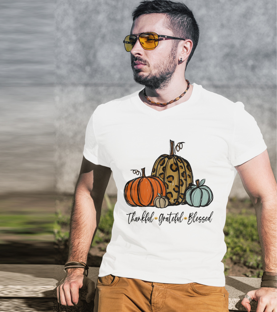 Thankful Grateful Blessed Leopard Print Pumpkin Thanksgiving Day T-Shirt