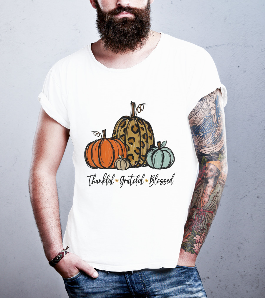 Thankful Grateful Blessed Leopard Print Pumpkin Thanksgiving Day T-Shirt
