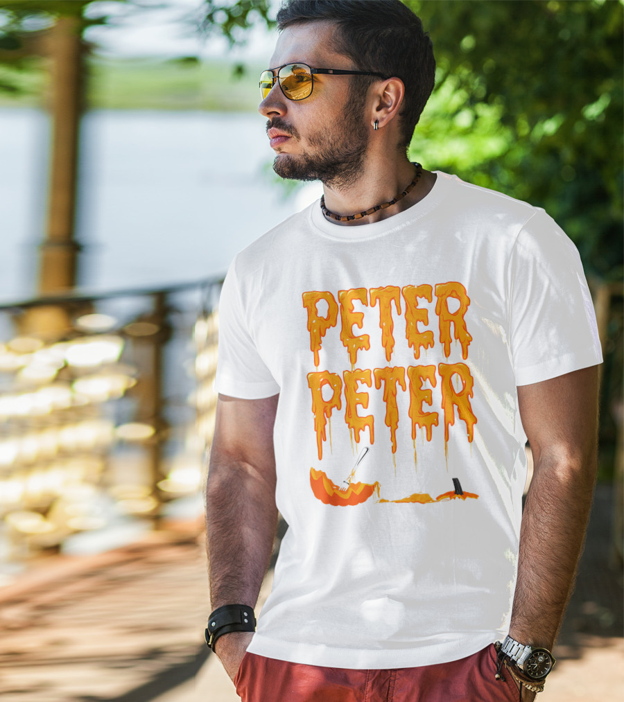 Peter Peter Pumpkin Eater Dripping Orange Text With Fork In Pumpkin T-Shirt
