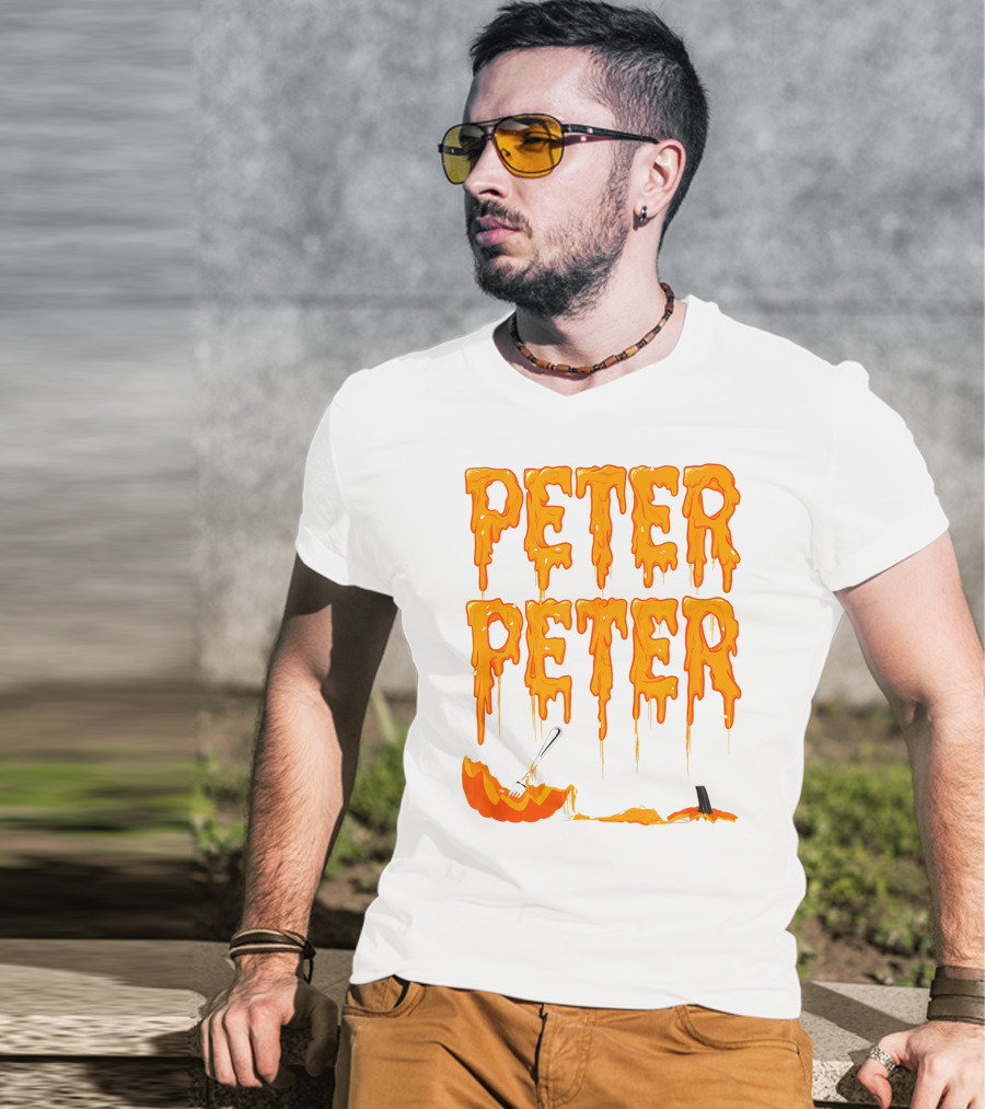 Peter Peter Pumpkin Eater Dripping Orange Text With Fork In Pumpkin T-Shirt