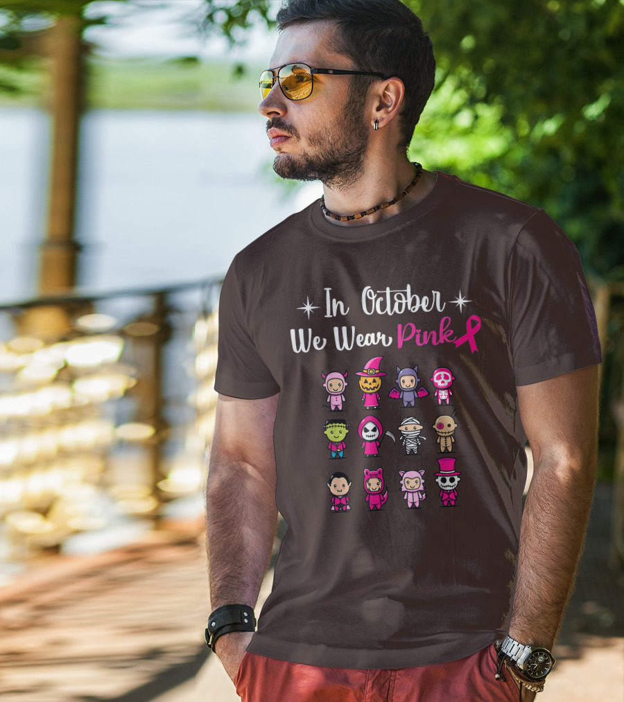 In October We Wear Pink Breast Cancer Awareness Halloween Characters T-Shirt
