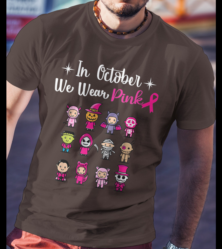 In October We Wear Pink Breast Cancer Awareness Halloween Characters T-Shirt