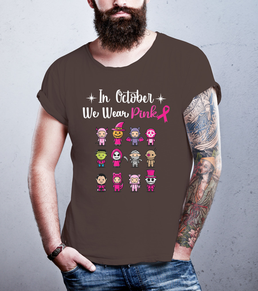 In October We Wear Pink Breast Cancer Awareness Halloween Characters T-Shirt