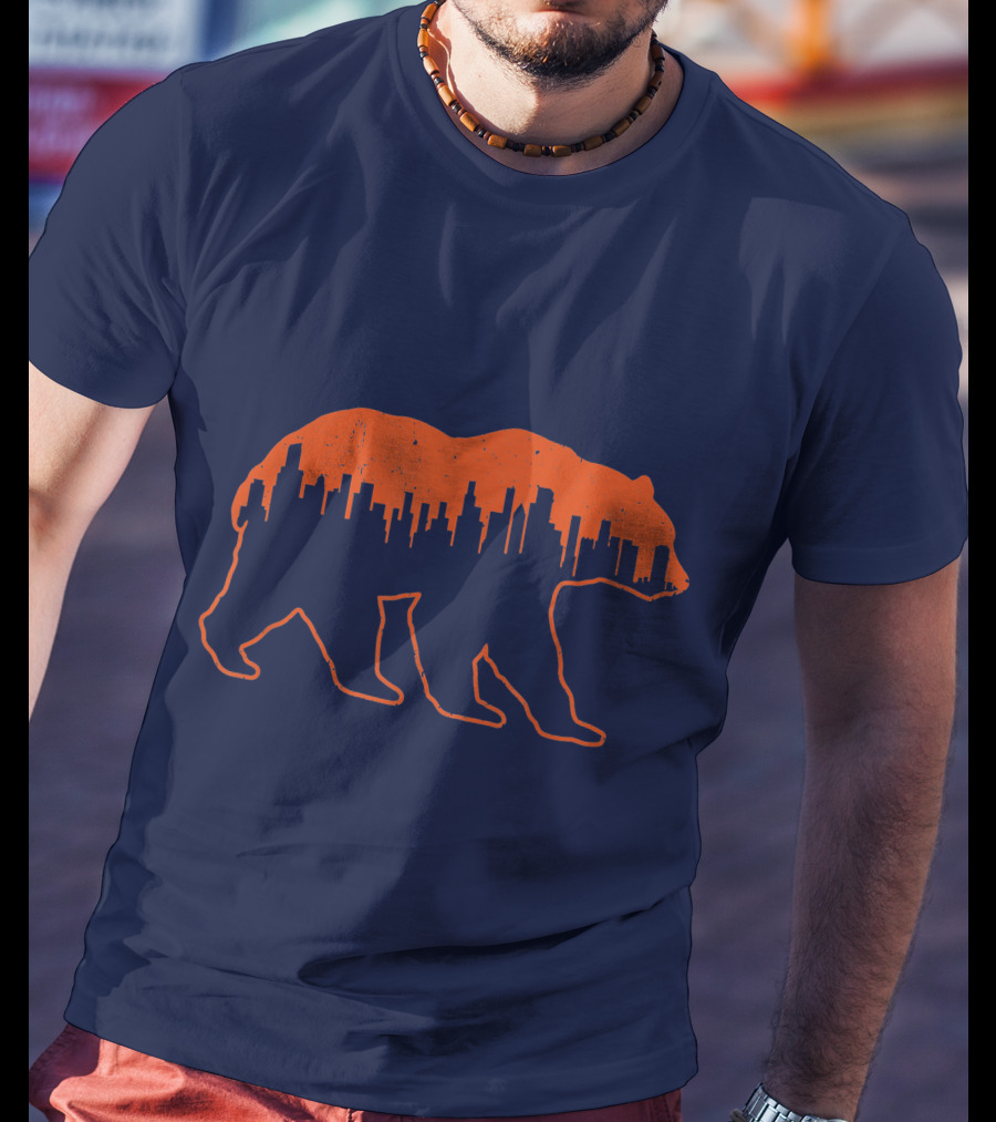 Vintage Downtown Chicago City Skyline Bear Silhouette Novelty T-Shirt