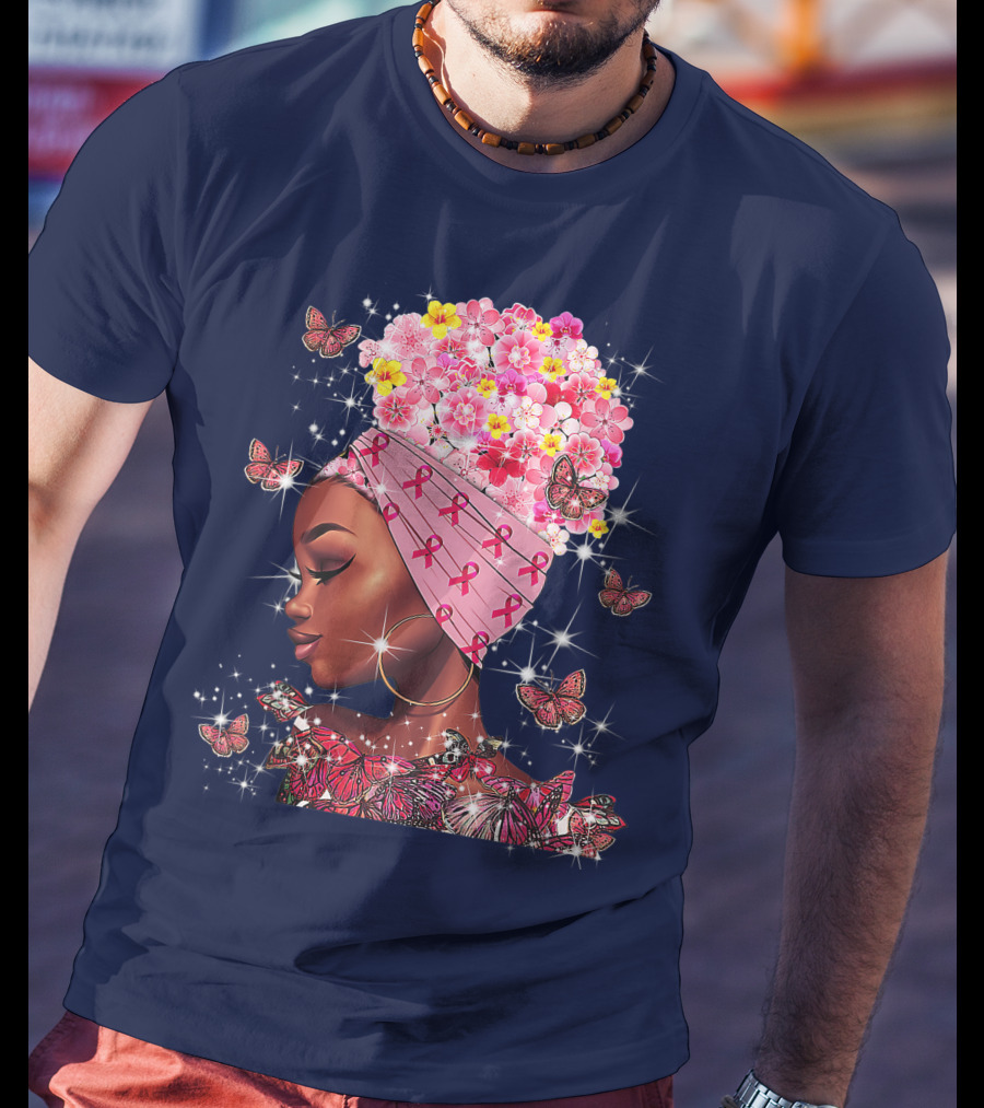 In October We Wear Pink Black Flowers Butterflies Ribbons T-Shirt