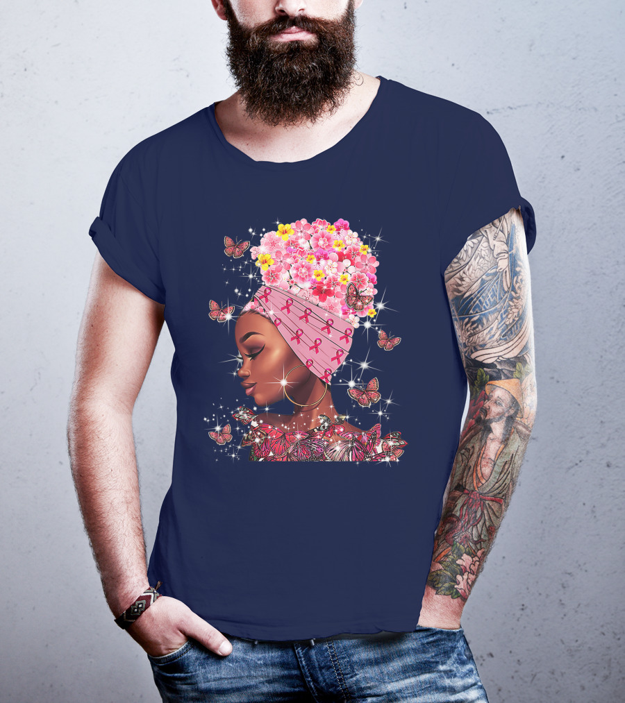 In October We Wear Pink Black Flowers Butterflies Ribbons T-Shirt