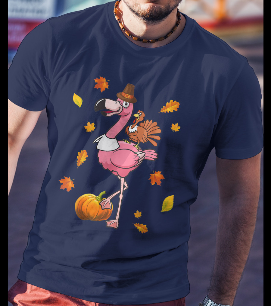 Thanksgiving Flamingo Pilgrim And Turkey With Autumn Leaves And Pumpkin T-Shirt