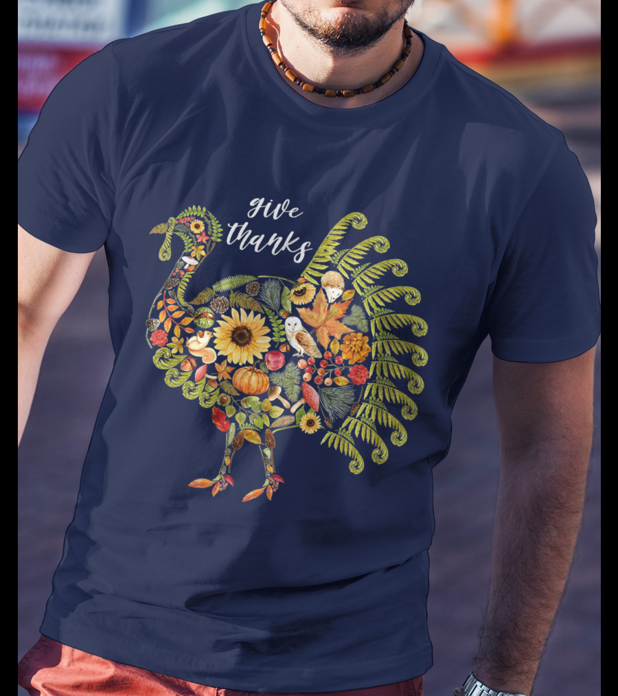 Give Thanks Vintage Autumn Botanical Turkey Thanksgiving T-Shirt