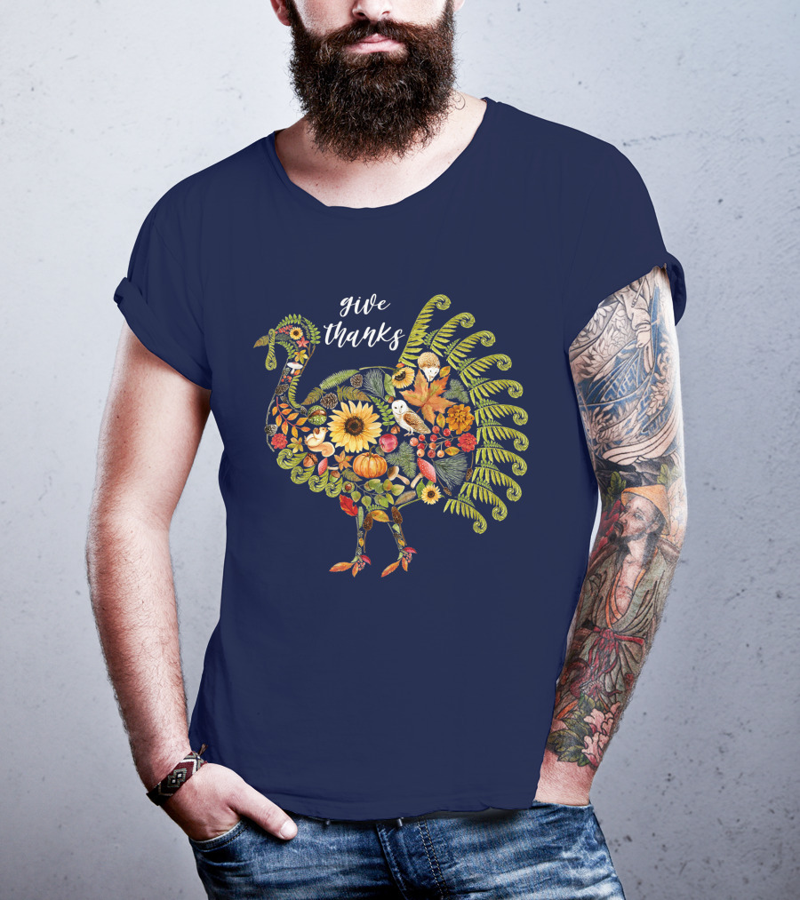 Give Thanks Vintage Autumn Botanical Turkey Thanksgiving T-Shirt