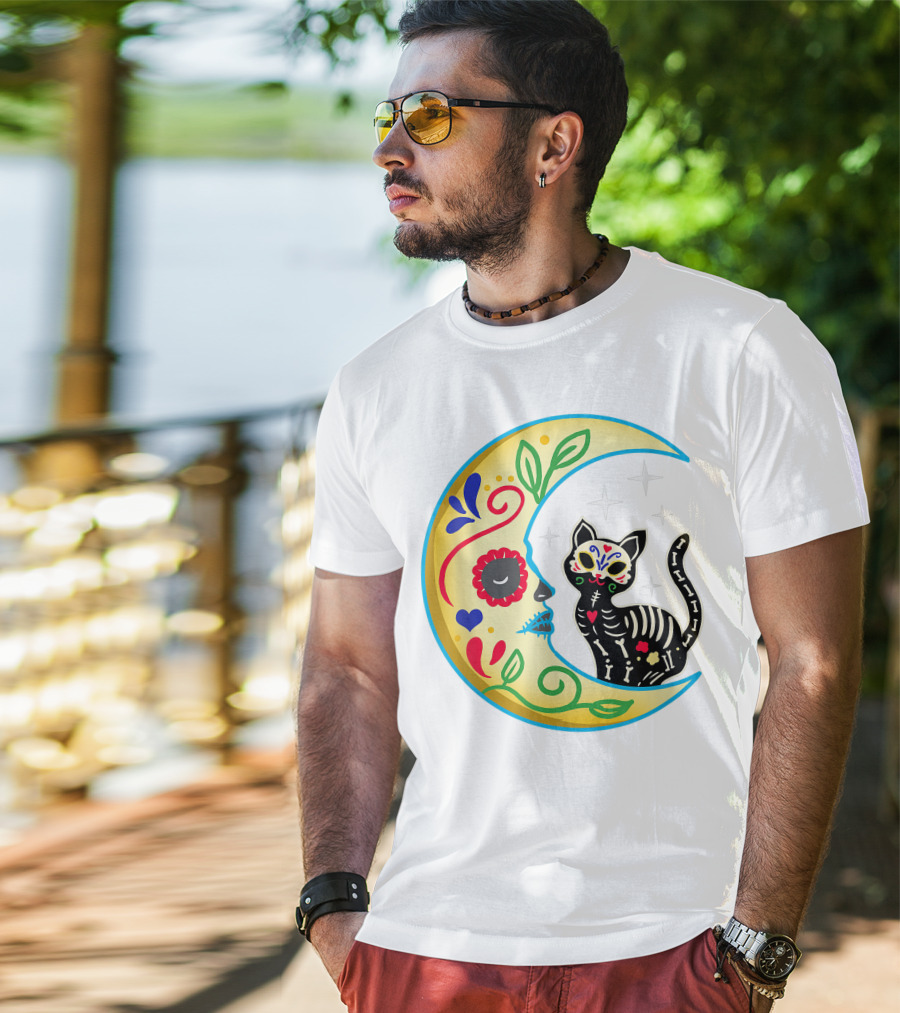 Cat And Moon Sugar Skull Dia De Los Muertos Day Of The Dead Mexican Festival T-Shirt