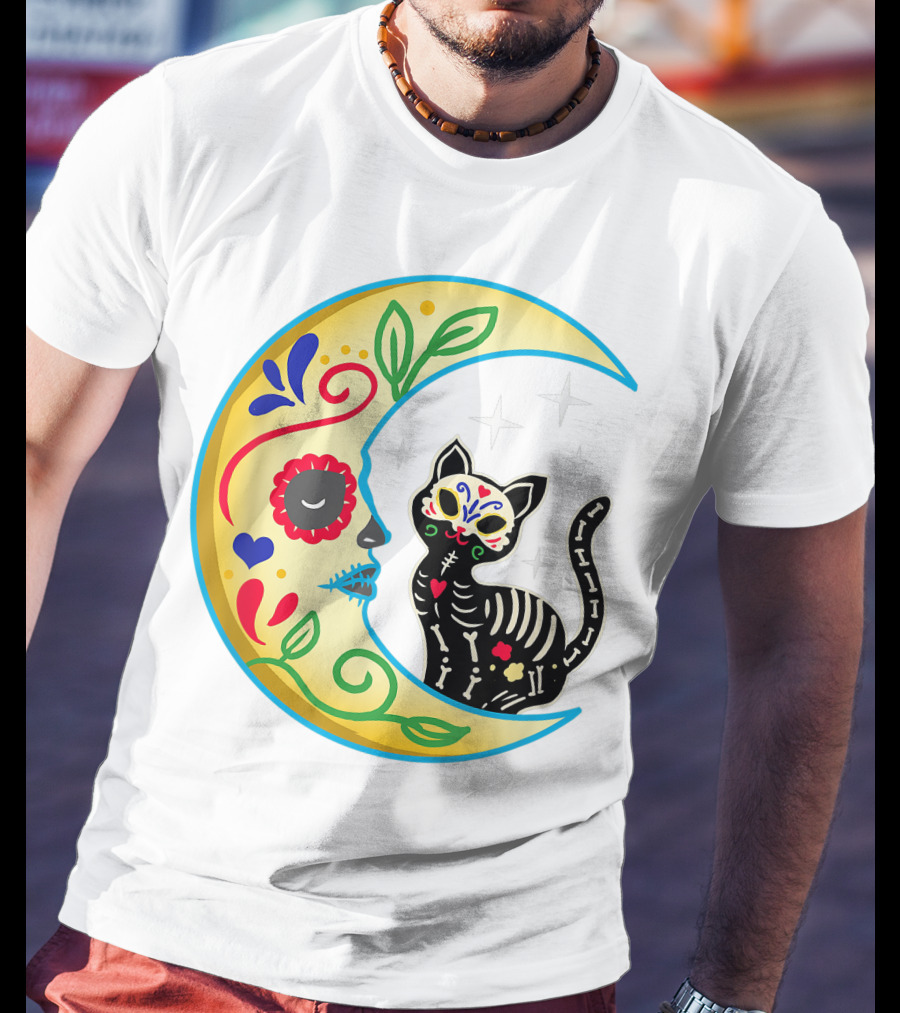 Cat And Moon Sugar Skull Dia De Los Muertos Day Of The Dead Mexican Festival T-Shirt