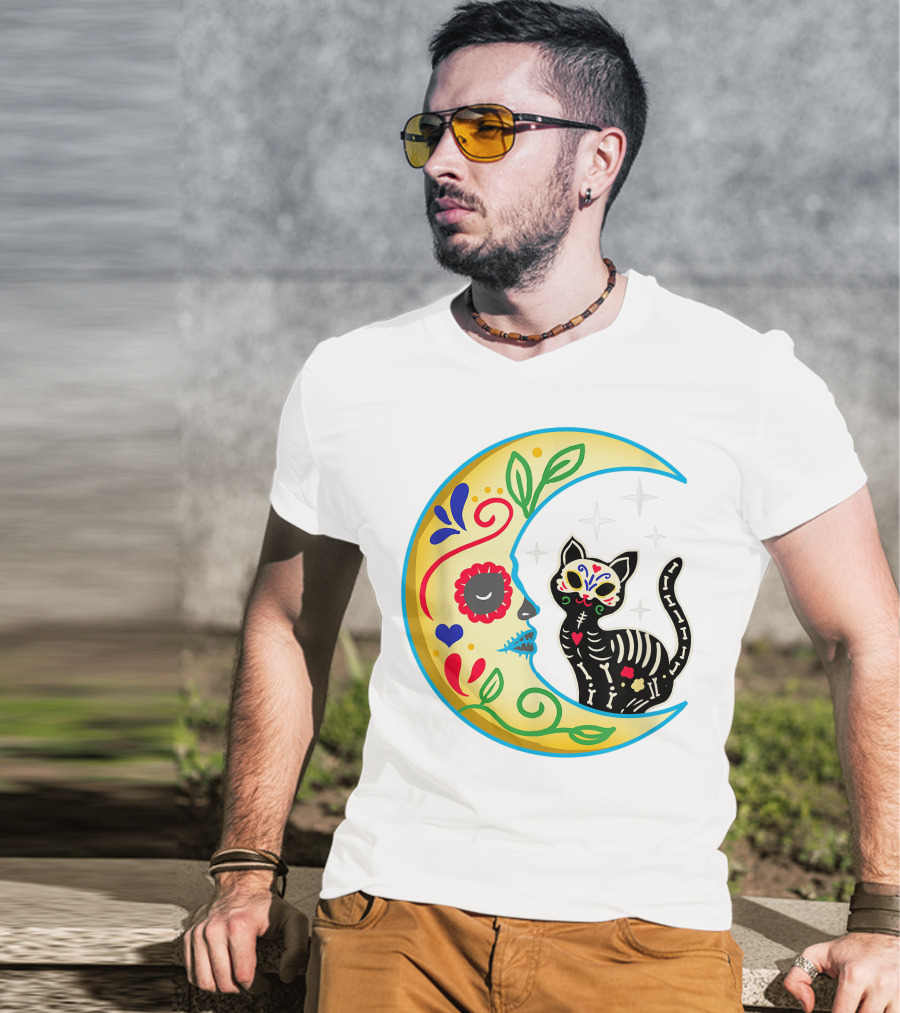 Cat And Moon Sugar Skull Dia De Los Muertos Day Of The Dead Mexican Festival T-Shirt