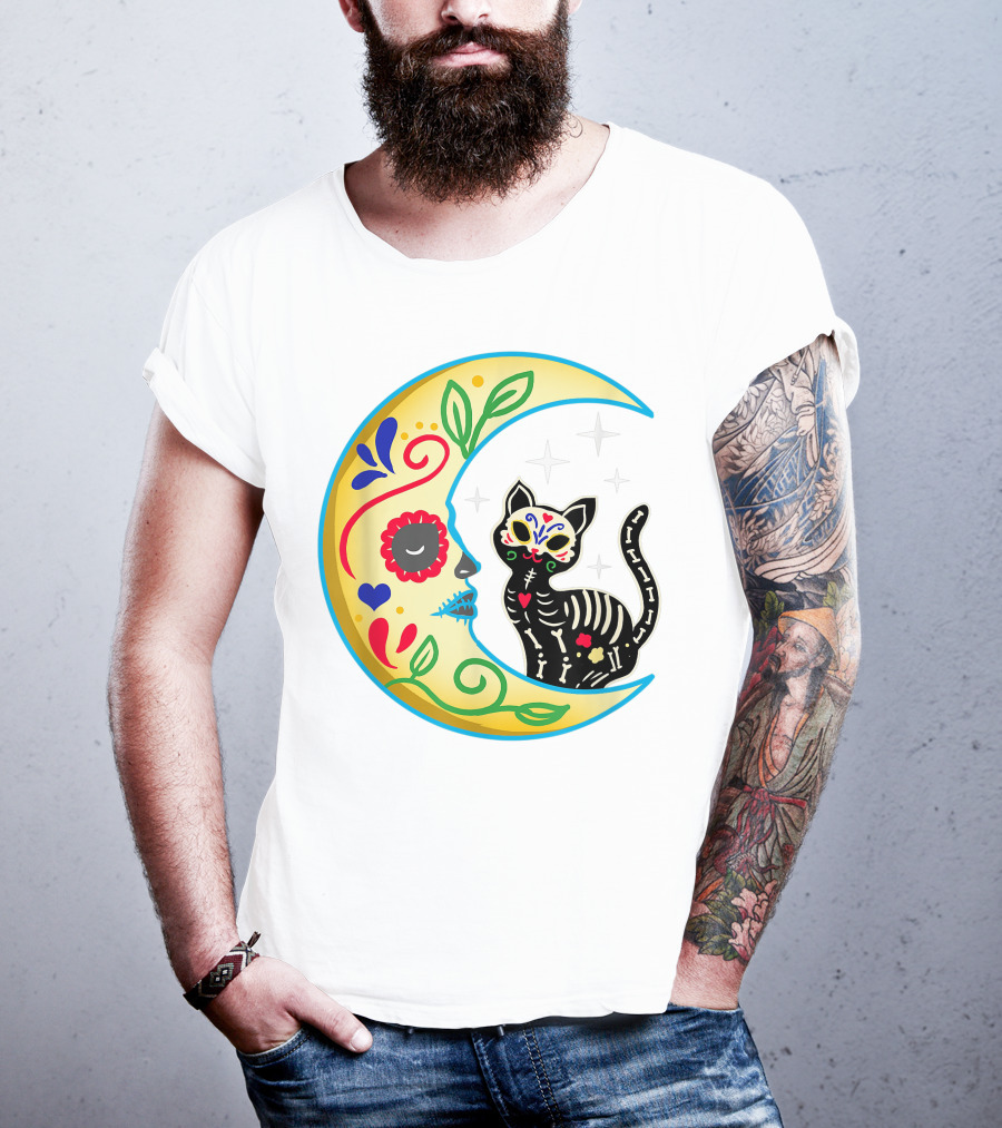 Cat And Moon Sugar Skull Dia De Los Muertos Day Of The Dead Mexican Festival T-Shirt