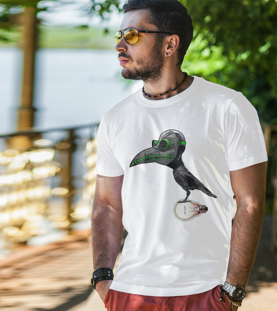 Bird In Plague Doctor Mask Perched On Light Bulb T-Shirt