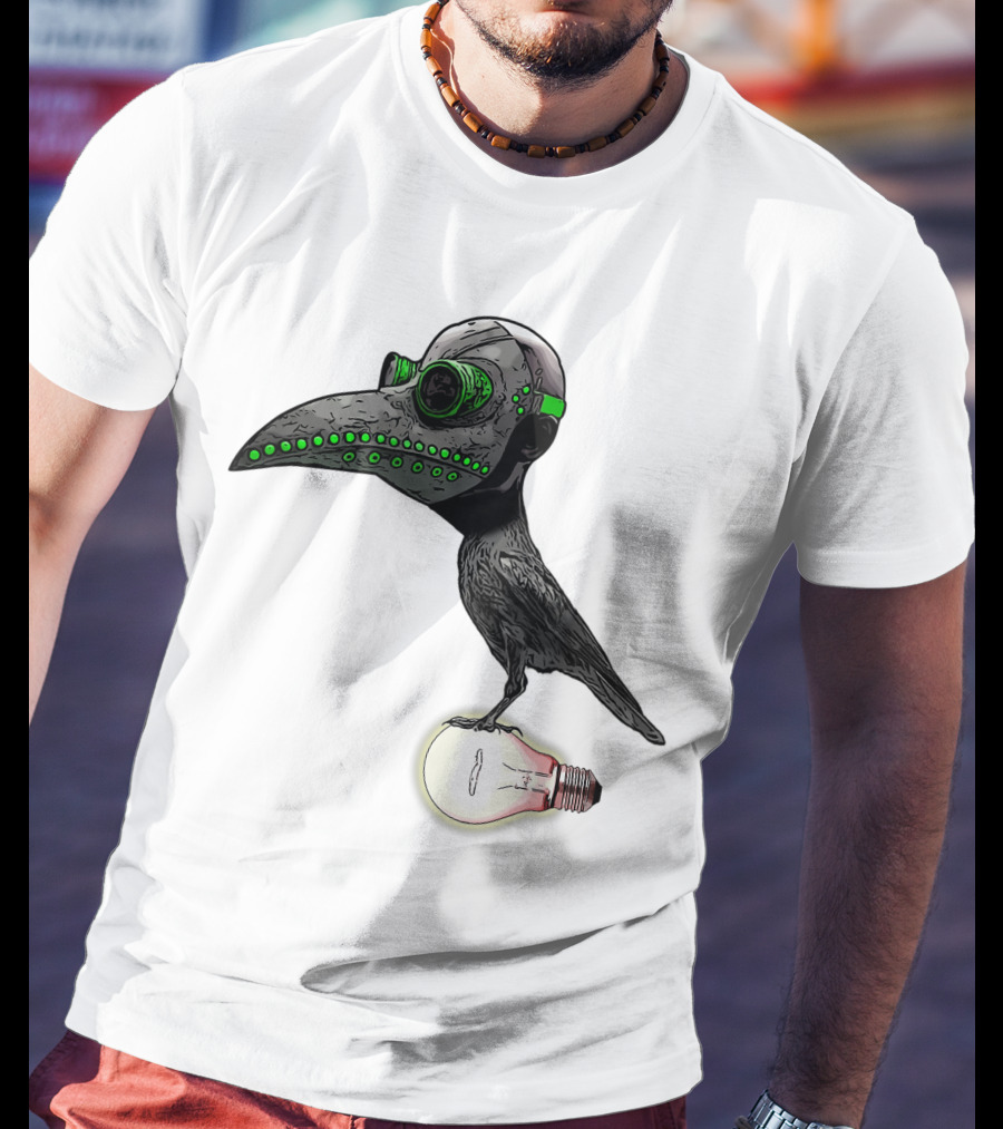 Bird In Plague Doctor Mask Perched On Light Bulb T-Shirt