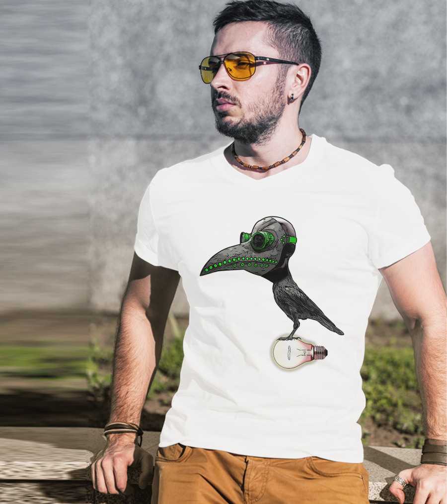 Bird In Plague Doctor Mask Perched On Light Bulb T-Shirt
