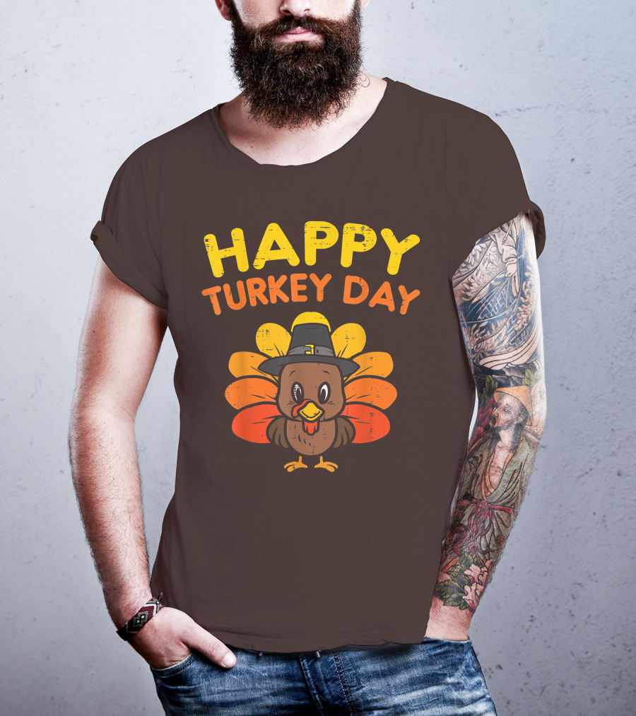 Happy Turkey Day Cute Thanksgiving Pilgrim Turkey T-Shirt