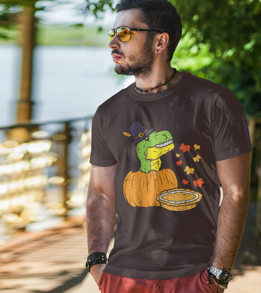 Pilgrim Trex Dinosaur Pumpkin Leaves Pie T-Shirt