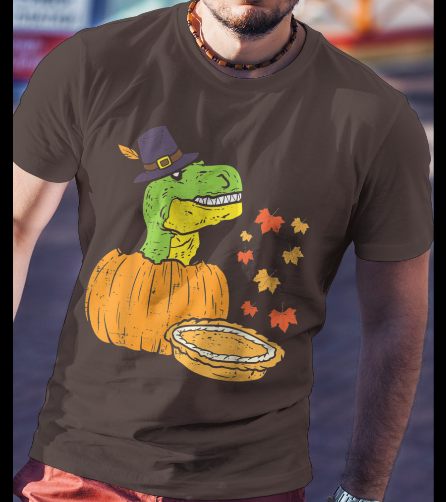 Pilgrim Trex Dinosaur Pumpkin Leaves Pie T-Shirt