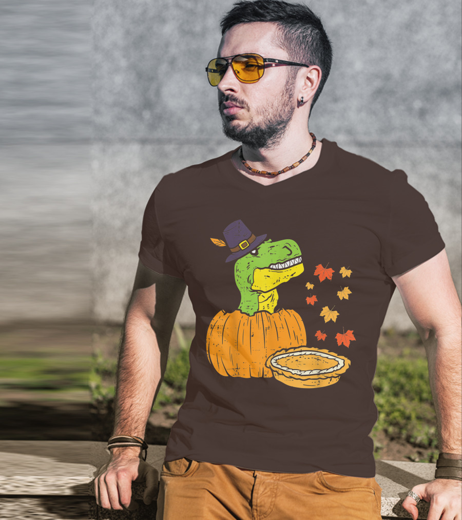 Pilgrim Trex Dinosaur Pumpkin Leaves Pie T-Shirt