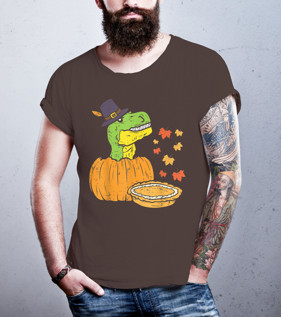 Pilgrim Trex Dinosaur Pumpkin Leaves Pie T-Shirt