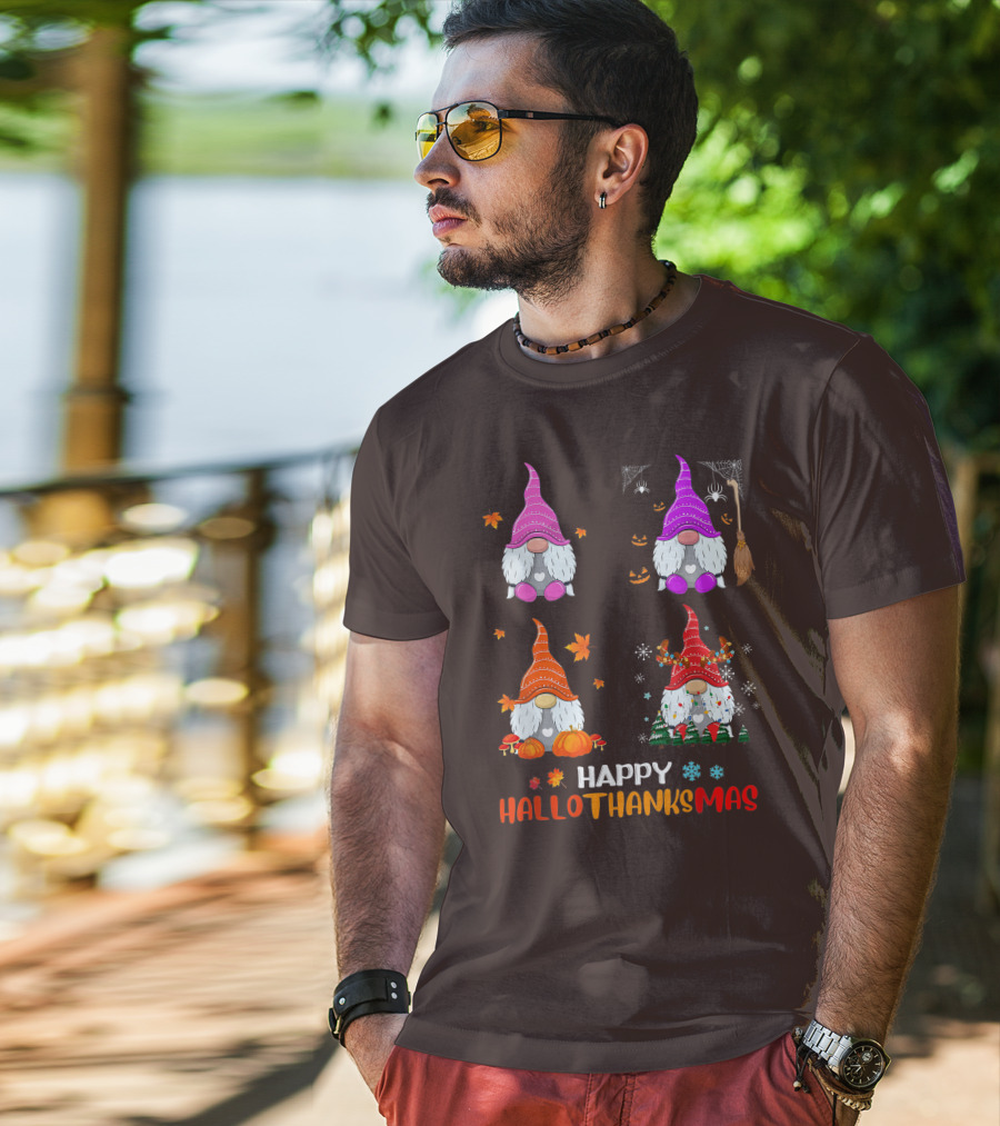 Happy Hallothanksmas Gnome Halloween Thanksgiving Christmas T-Shirt