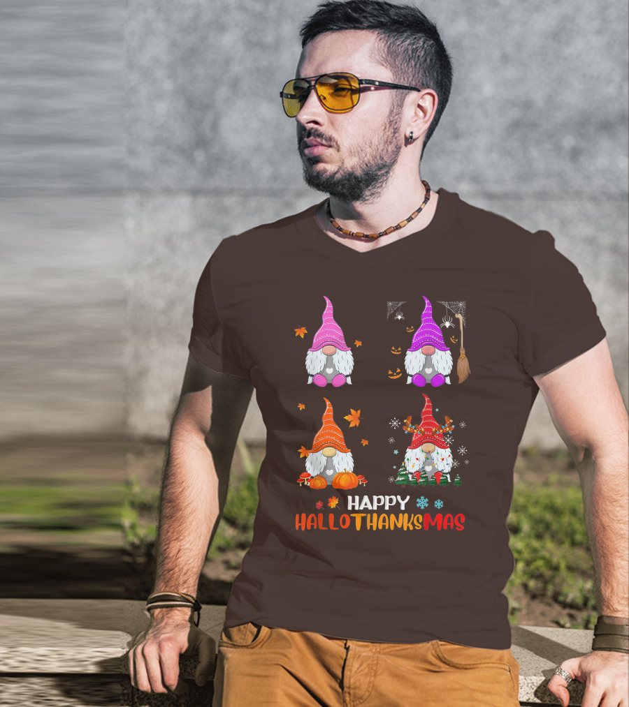 Happy Hallothanksmas Gnome Halloween Thanksgiving Christmas T-Shirt