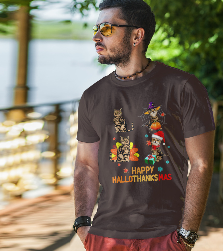 Happy Hallothanksmas Cats With Pumpkin, Autumn Leaves, Santa Hat, And Gift T-Shirt