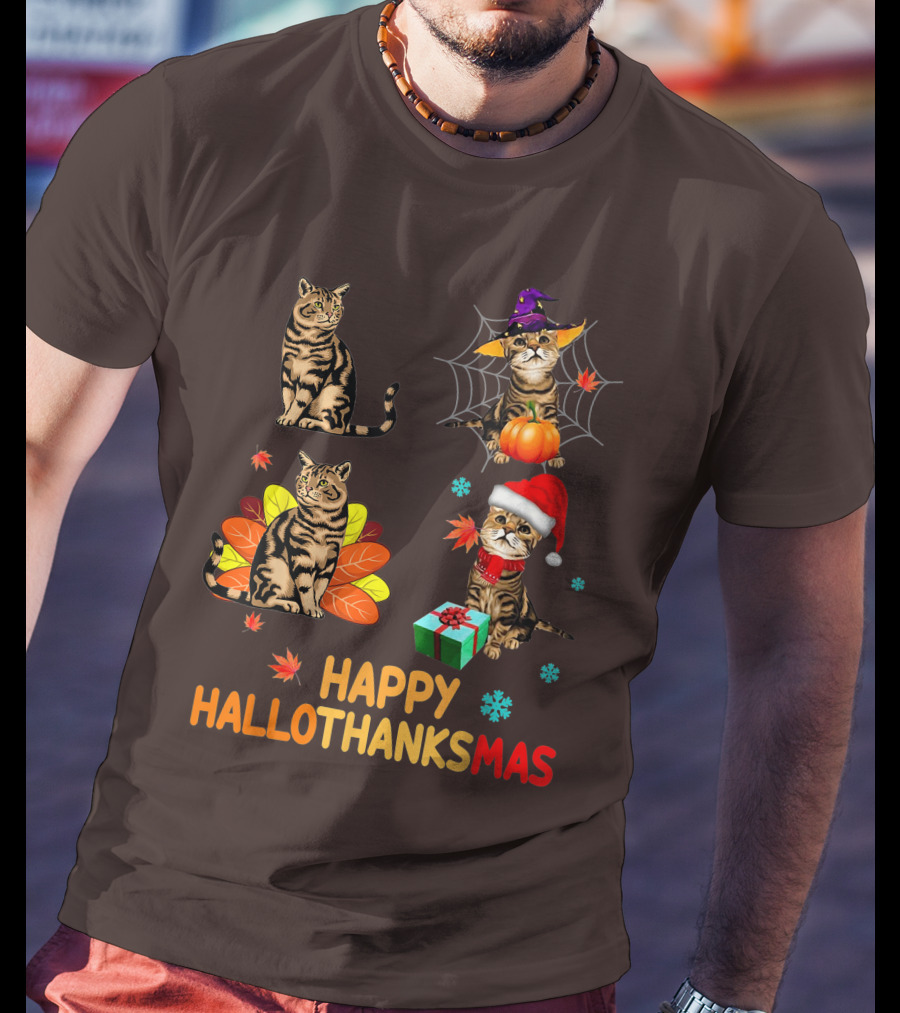 Happy Hallothanksmas Cats With Pumpkin, Autumn Leaves, Santa Hat, And Gift T-Shirt