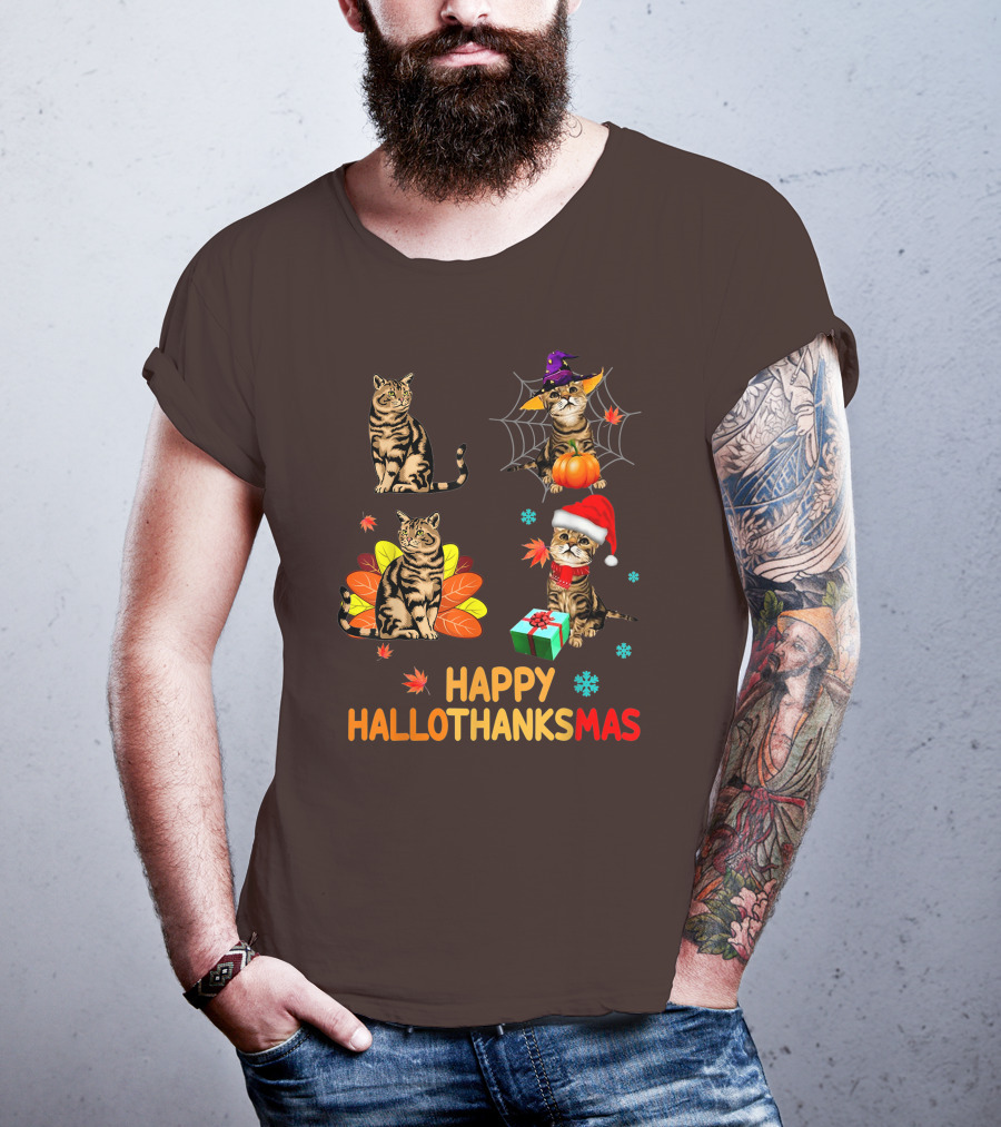 Happy Hallothanksmas Cats With Pumpkin, Autumn Leaves, Santa Hat, And Gift T-Shirt