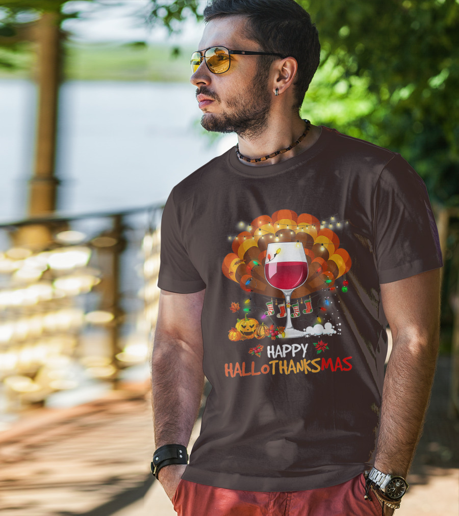 Happy Hallothanksmas Wine Glass Thanksgiving Funny Wine T-Shirt