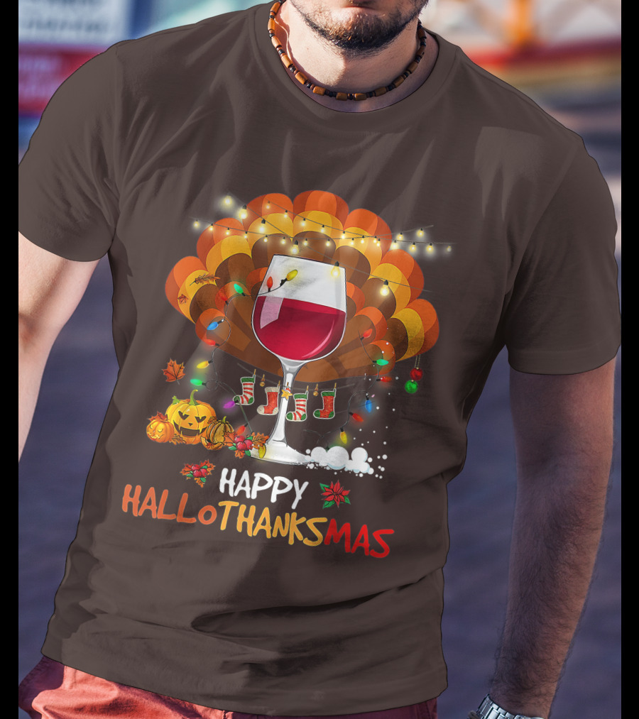 Happy Hallothanksmas Wine Glass Thanksgiving Funny Wine T-Shirt