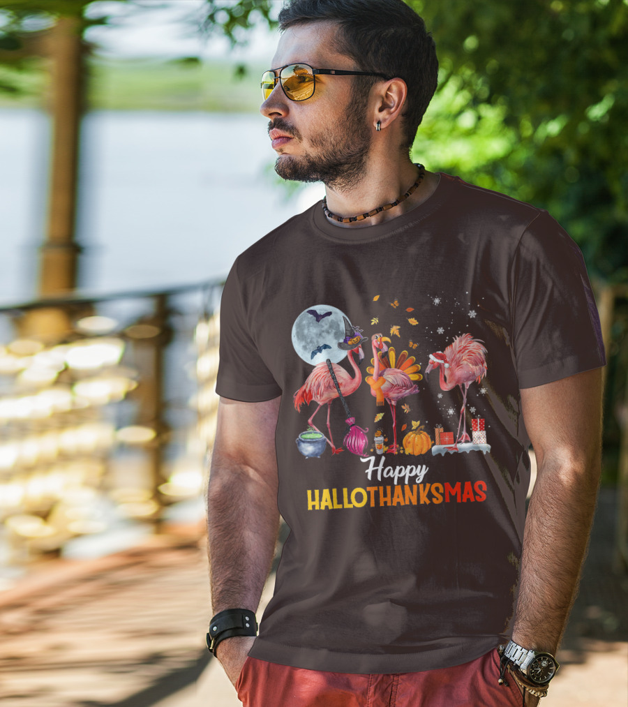 Happy Hallothanksmas Flamingo Halloween Merry Christmas T-Shirt