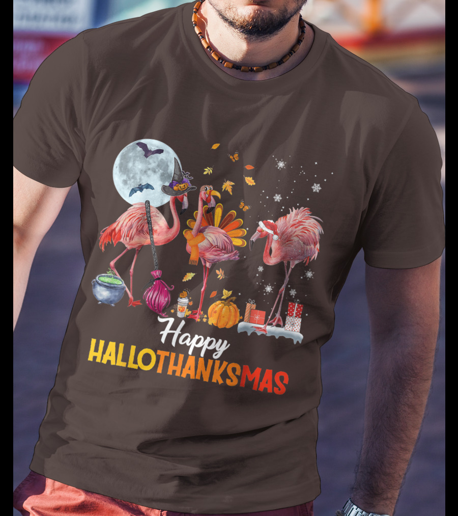Happy Hallothanksmas Flamingo Halloween Merry Christmas T-Shirt