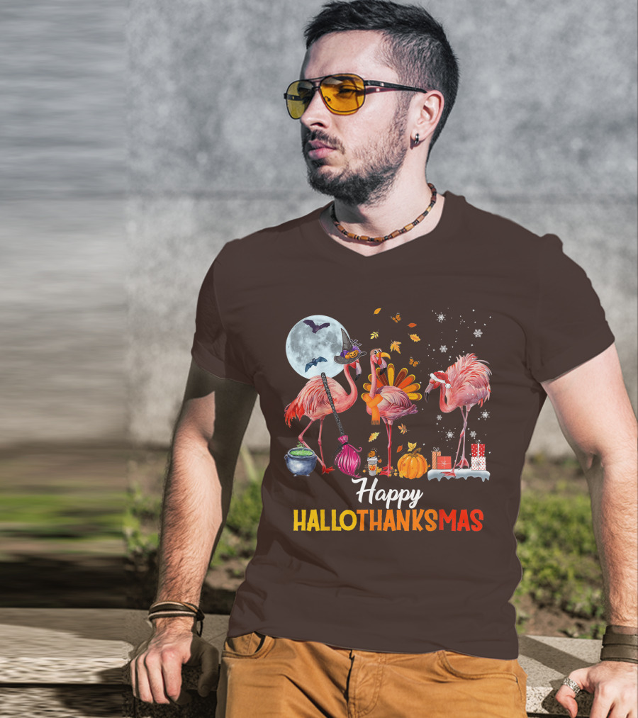 Happy Hallothanksmas Flamingo Halloween Merry Christmas T-Shirt