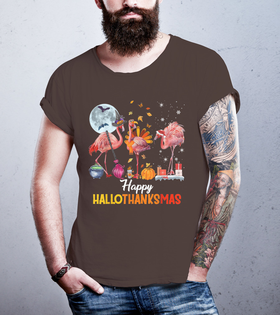Happy Hallothanksmas Flamingo Halloween Merry Christmas T-Shirt