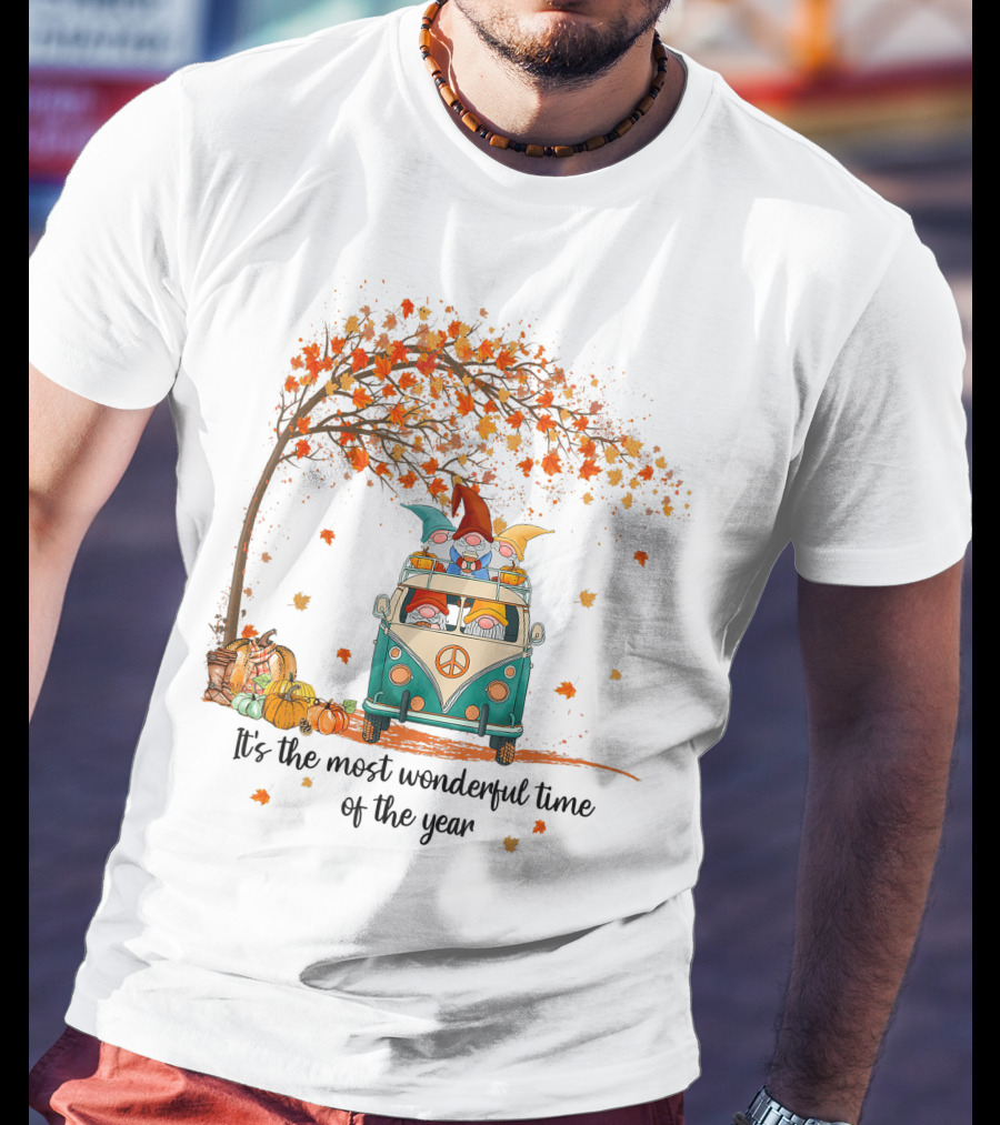 It's The Most Wonderful Time Of The Year Gnomes Autumn Fall In A Van With Pumpkins And Leaves T-Shirt