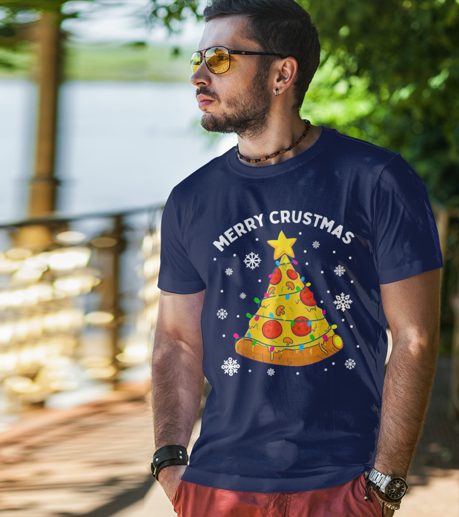 Merry Crustmas Pizza Christmas Tree With Cheese Garland And Snowflakes T-Shirt
