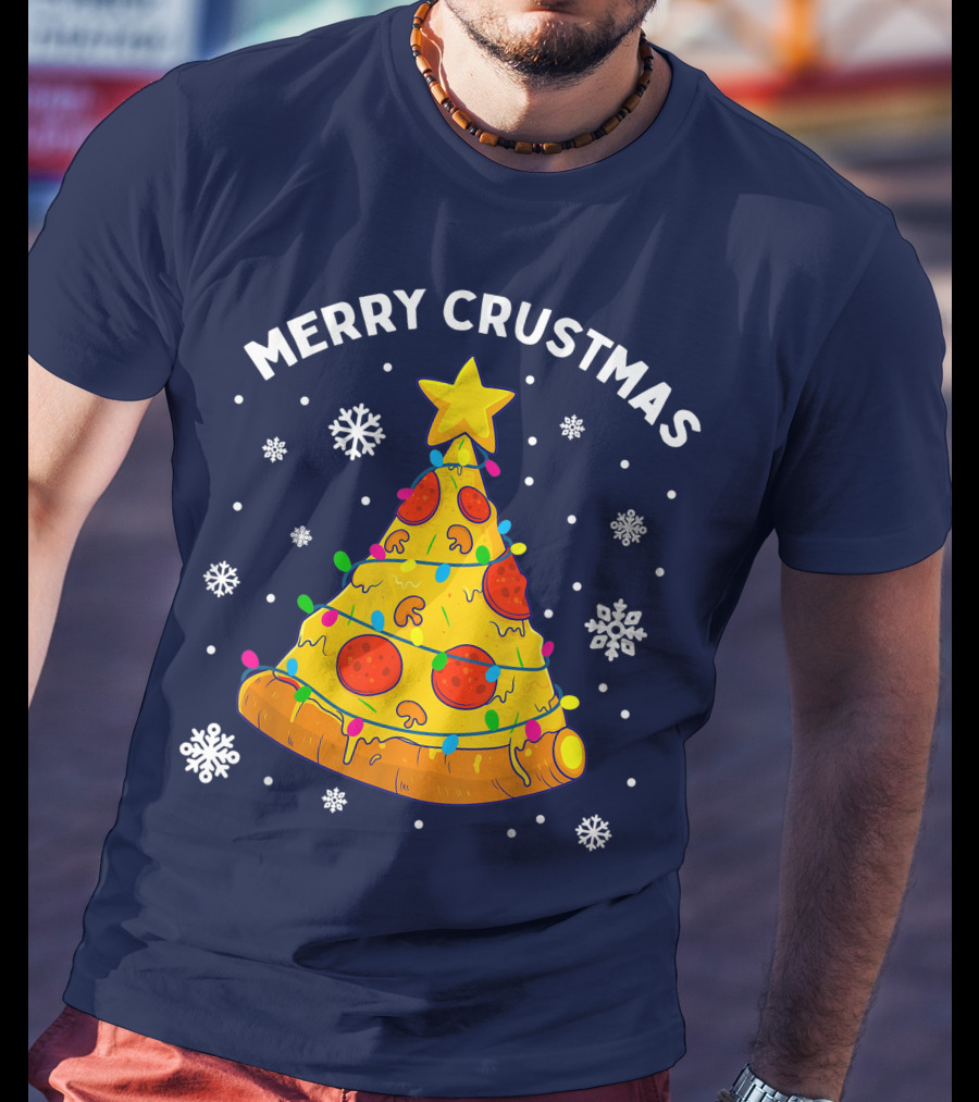 Merry Crustmas Pizza Christmas Tree With Cheese Garland And Snowflakes T-Shirt