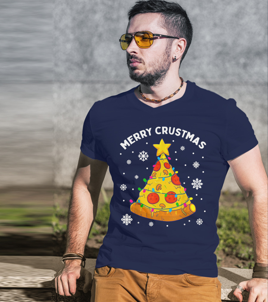 Merry Crustmas Pizza Christmas Tree With Cheese Garland And Snowflakes T-Shirt