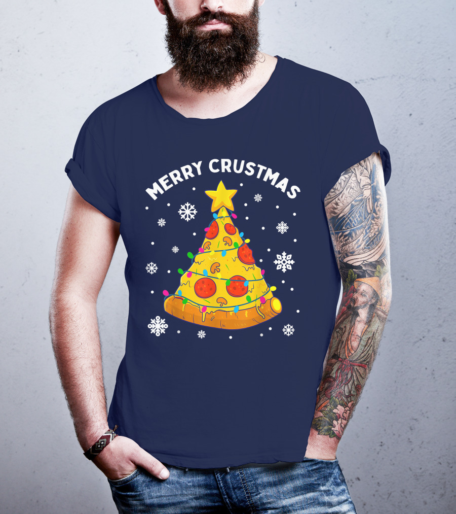 Merry Crustmas Pizza Christmas Tree With Cheese Garland And Snowflakes T-Shirt