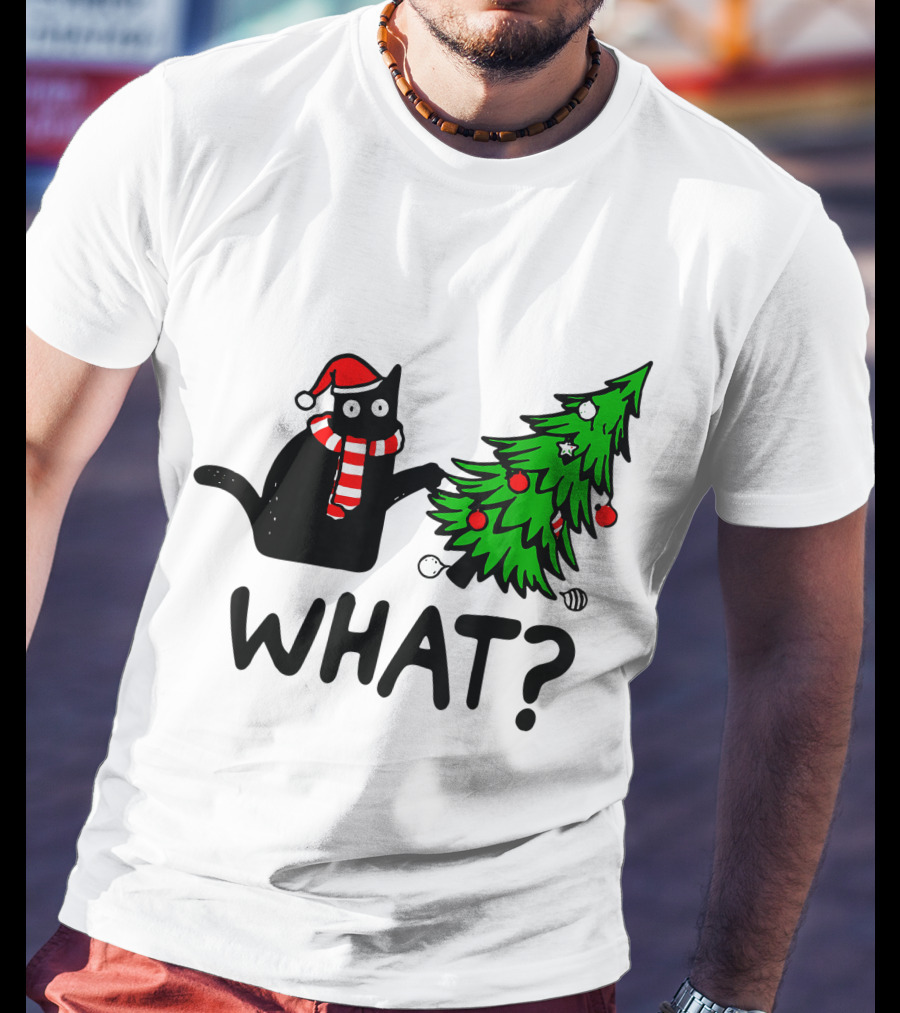 Funny Black Cat Santa Hat Pushing Over Christmas Tree What T-Shirt