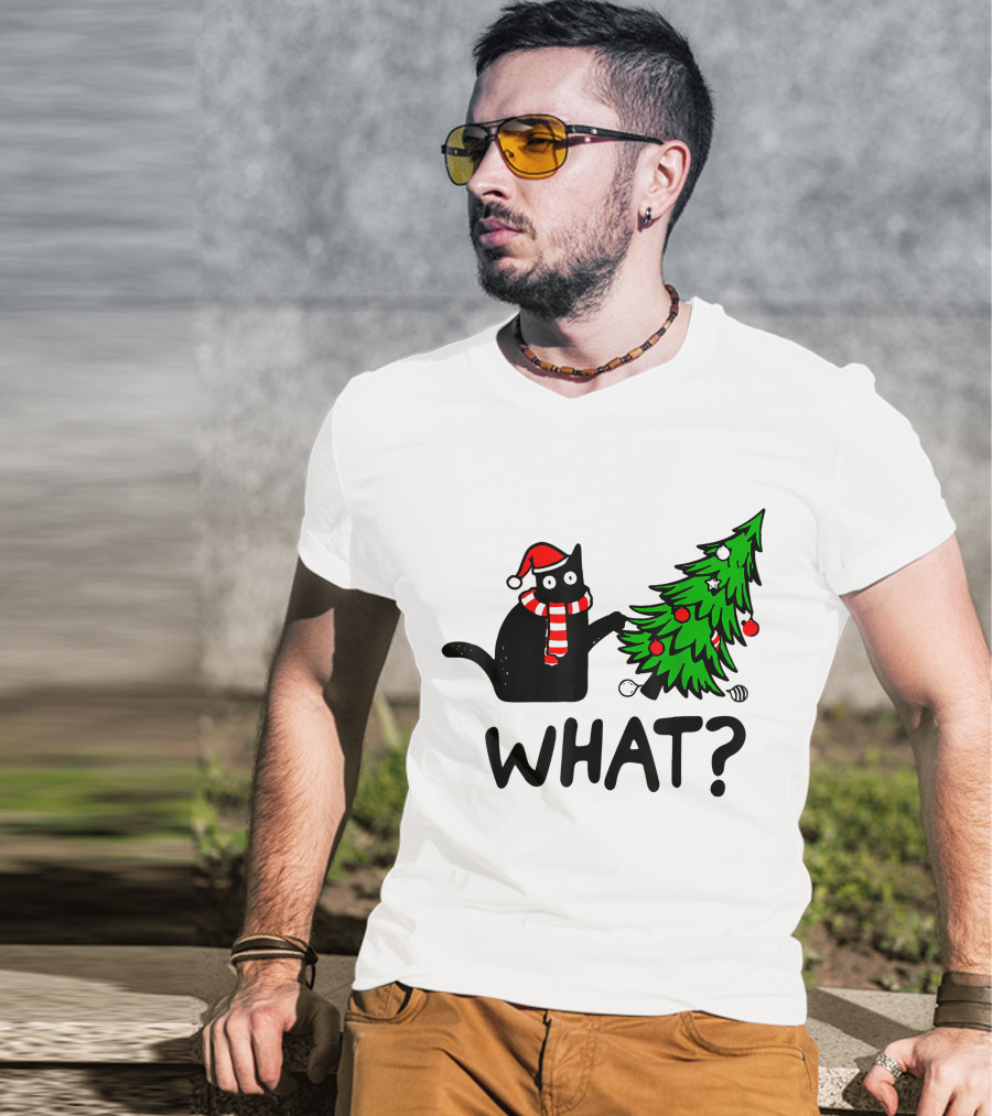 Funny Black Cat Santa Hat Pushing Over Christmas Tree What T-Shirt