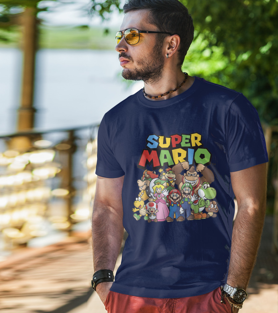Super Mario Funny Full Cast Group Characters Bowser Donkey Kong Yoshi Luigi Princess Peach Toad T-Shirt