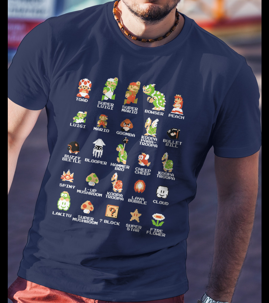 Super Mario 8 Bit Pixel Characters And Enemies List T-Shirt