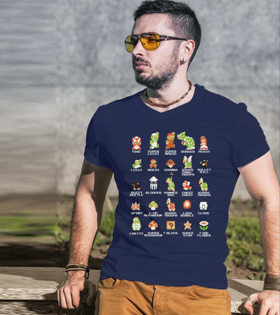 Super Mario 8 Bit Pixel Characters And Enemies List T-Shirt